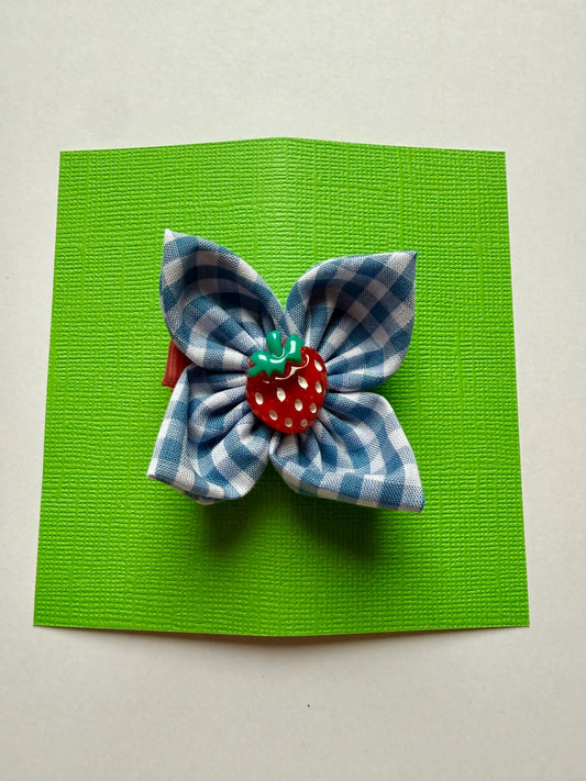 Blue gingham strawberry Single bow